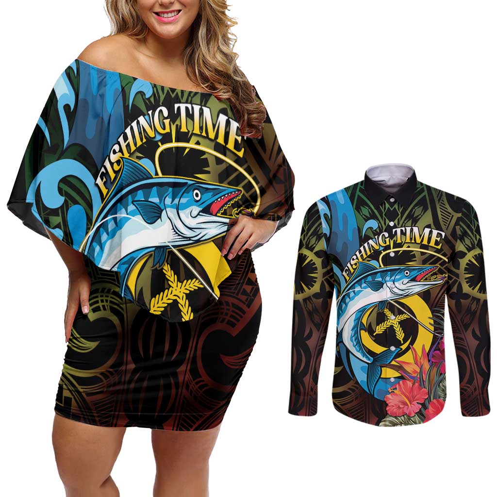 Vanuatu Fishing Couples Matching Off Shoulder Short Dress and Long Sleeve Button Shirt It's Time To Fish LT05 Black - Polynesian Pride