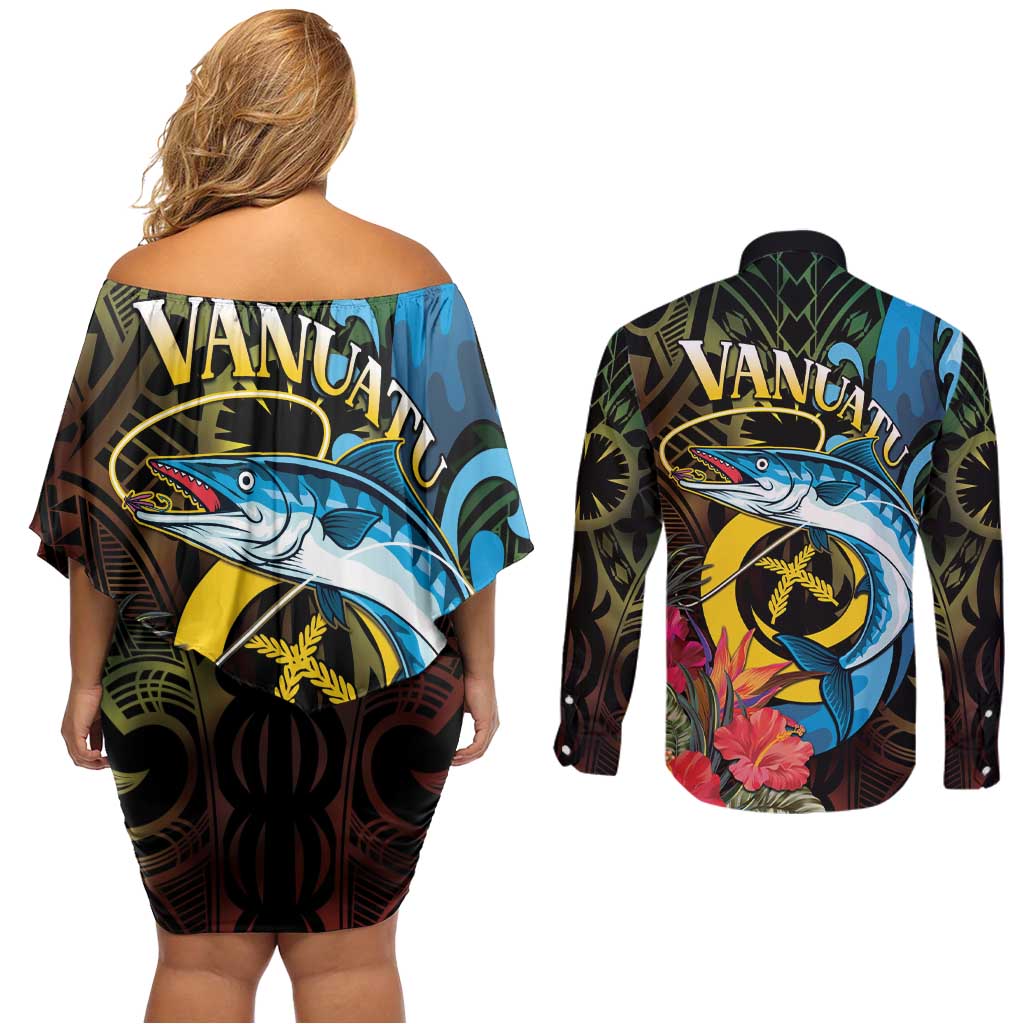 Vanuatu Fishing Couples Matching Off Shoulder Short Dress and Long Sleeve Button Shirt It's Time To Fish LT05 - Polynesian Pride