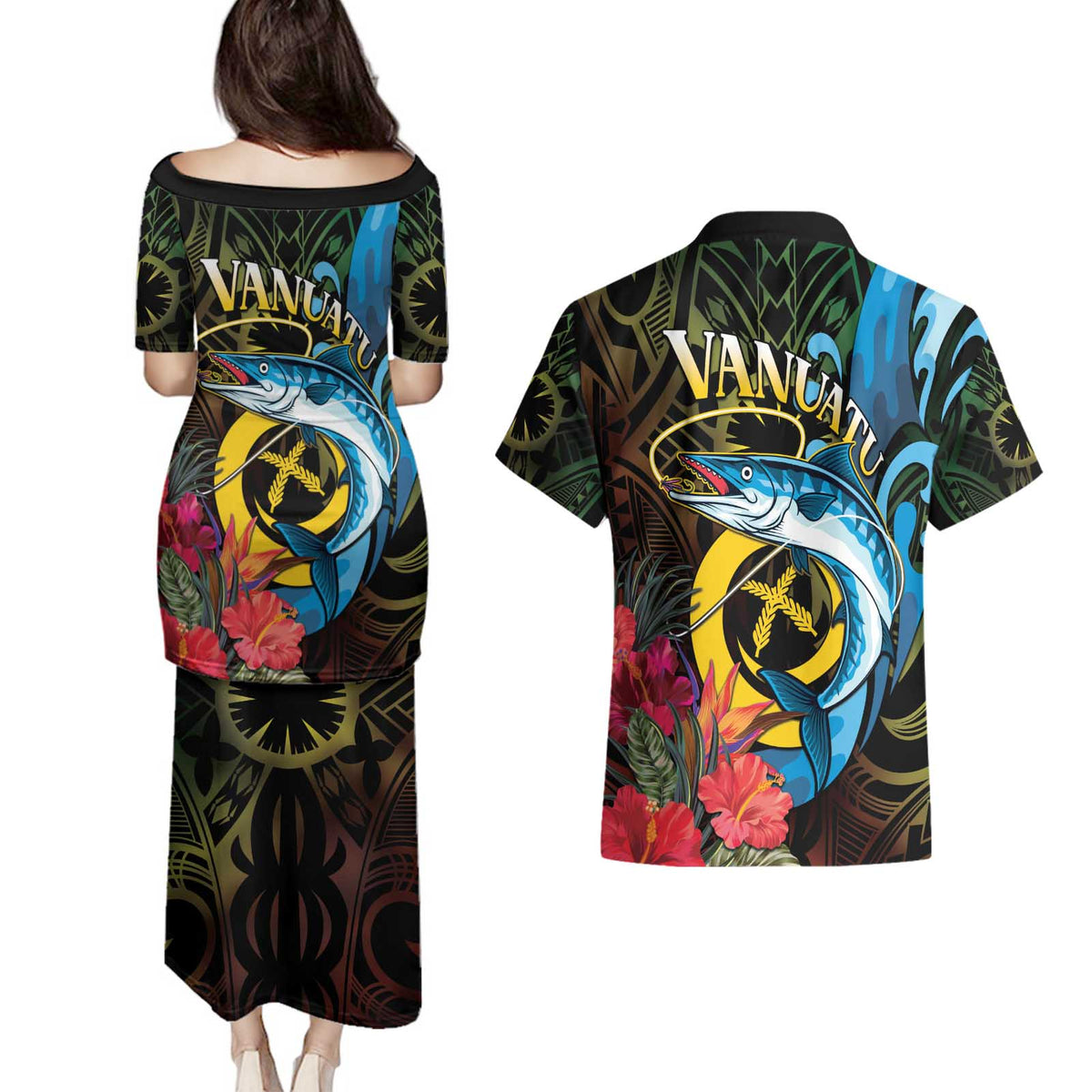 Vanuatu Fishing Couples Matching Puletasi and Hawaiian Shirt It's Time To Fish LT05 - Polynesian Pride