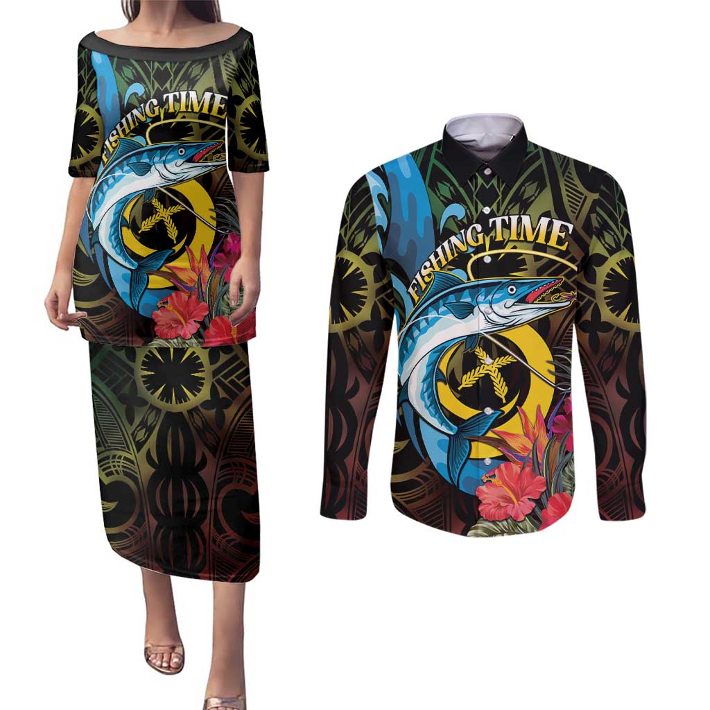Vanuatu Fishing Couples Matching Puletasi and Long Sleeve Button Shirt It's Time To Fish LT05 Black - Polynesian Pride