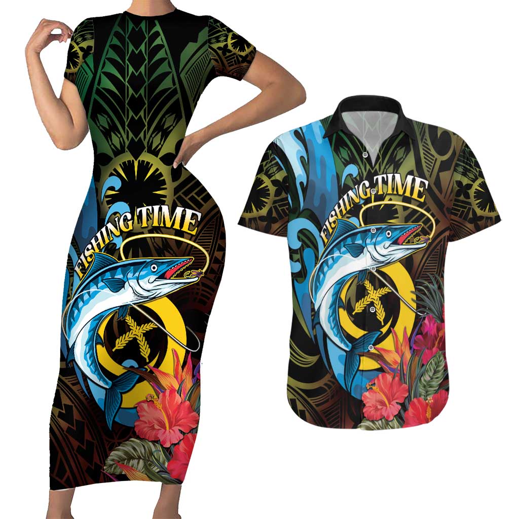Vanuatu Fishing Couples Matching Short Sleeve Bodycon Dress and Hawaiian Shirt It's Time To Fish LT05 Black - Polynesian Pride