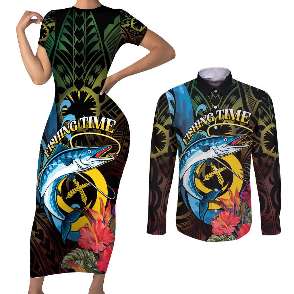 Vanuatu Fishing Couples Matching Short Sleeve Bodycon Dress and Long Sleeve Button Shirt It's Time To Fish LT05 Black - Polynesian Pride