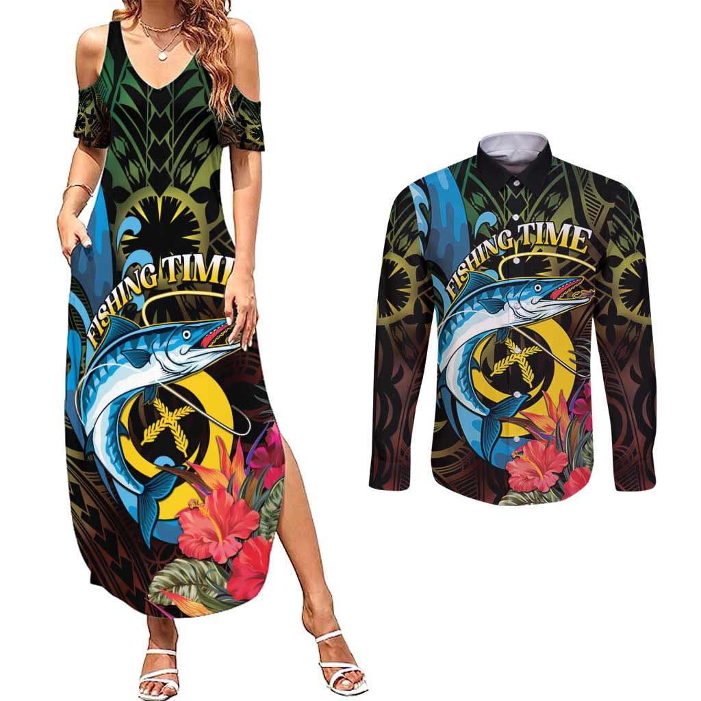 Vanuatu Fishing Couples Matching Summer Maxi Dress and Long Sleeve Button Shirt It's Time To Fish LT05 Black - Polynesian Pride