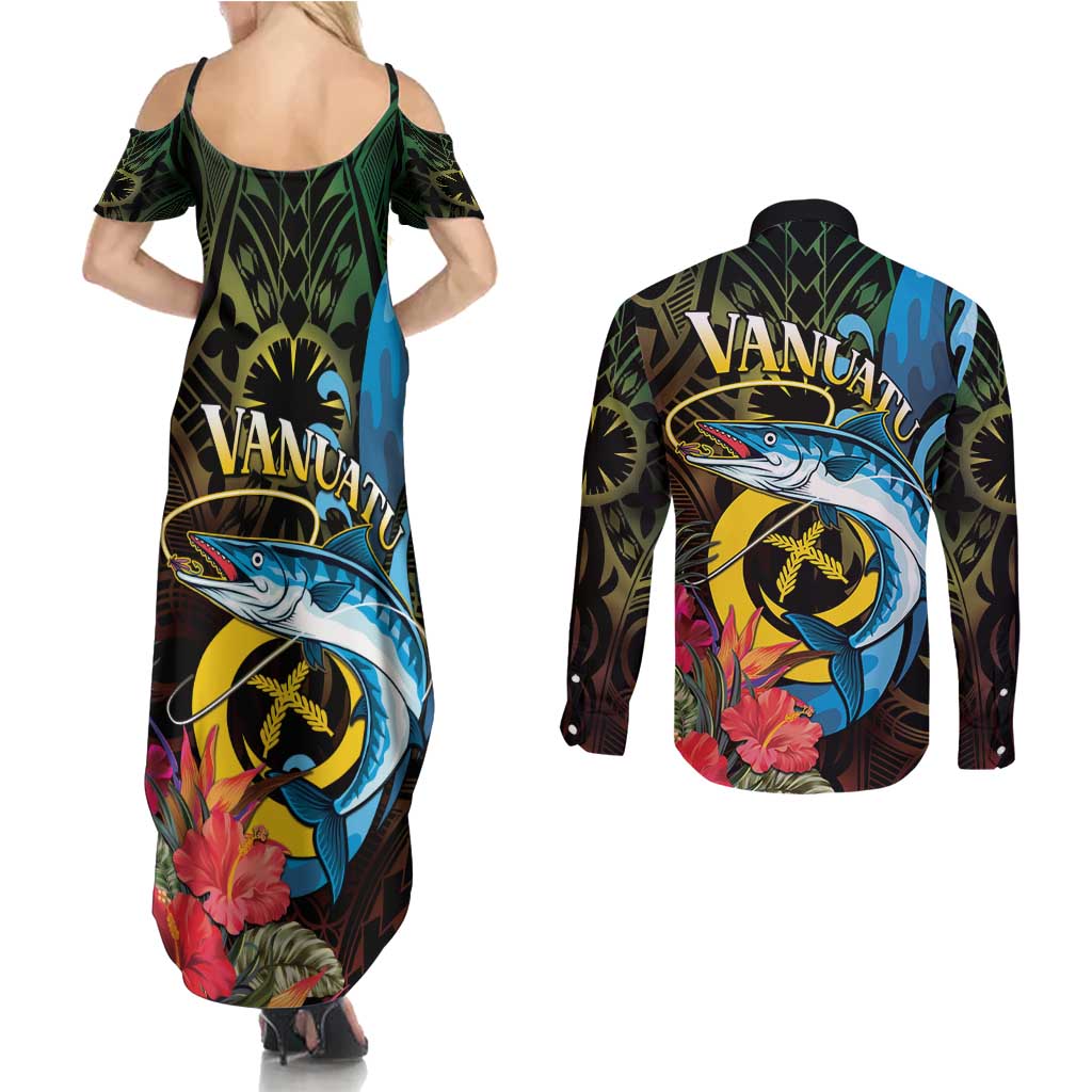 Vanuatu Fishing Couples Matching Summer Maxi Dress and Long Sleeve Button Shirt It's Time To Fish LT05 - Polynesian Pride