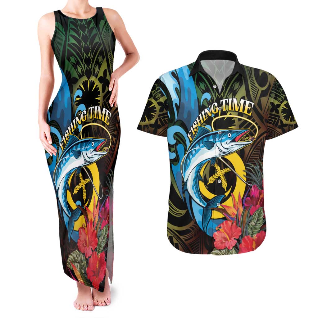 Vanuatu Fishing Couples Matching Tank Maxi Dress and Hawaiian Shirt It's Time To Fish LT05 Black - Polynesian Pride