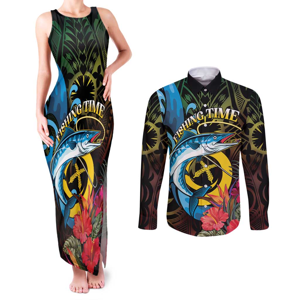 Vanuatu Fishing Couples Matching Tank Maxi Dress and Long Sleeve Button Shirt It's Time To Fish LT05 Black - Polynesian Pride