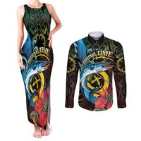 Vanuatu Fishing Couples Matching Tank Maxi Dress and Long Sleeve Button Shirt It's Time To Fish LT05 Black - Polynesian Pride