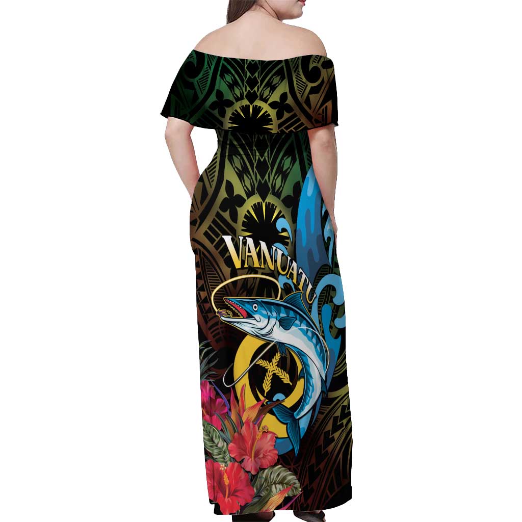 Vanuatu Fishing Off Shoulder Maxi Dress It's Time To Fish LT05 - Polynesian Pride