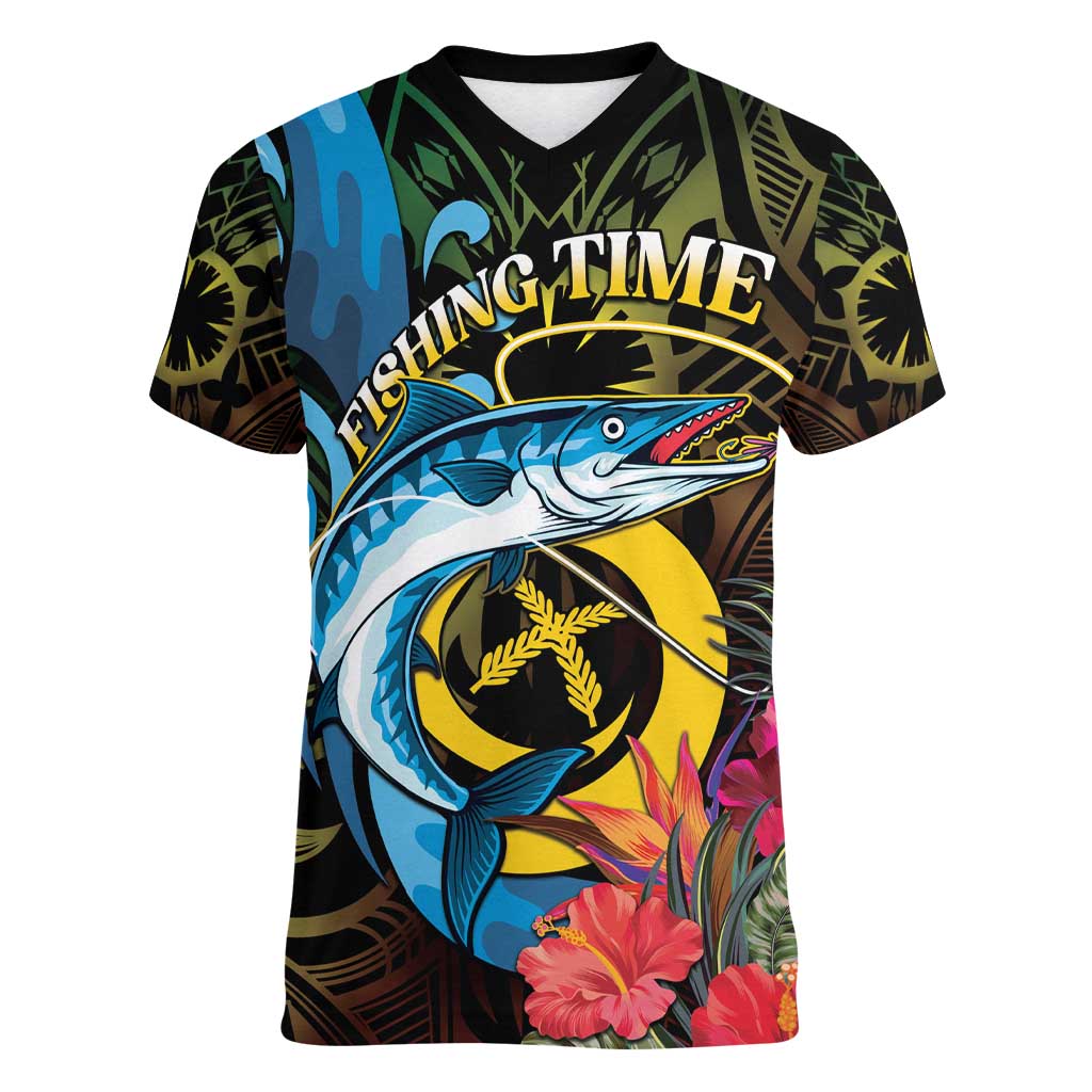 Vanuatu Fishing Women V-Neck T-Shirt It's Time To Fish LT05 Female Black - Polynesian Pride