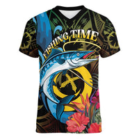 Vanuatu Fishing Women V-Neck T-Shirt It's Time To Fish LT05 Female Black - Polynesian Pride