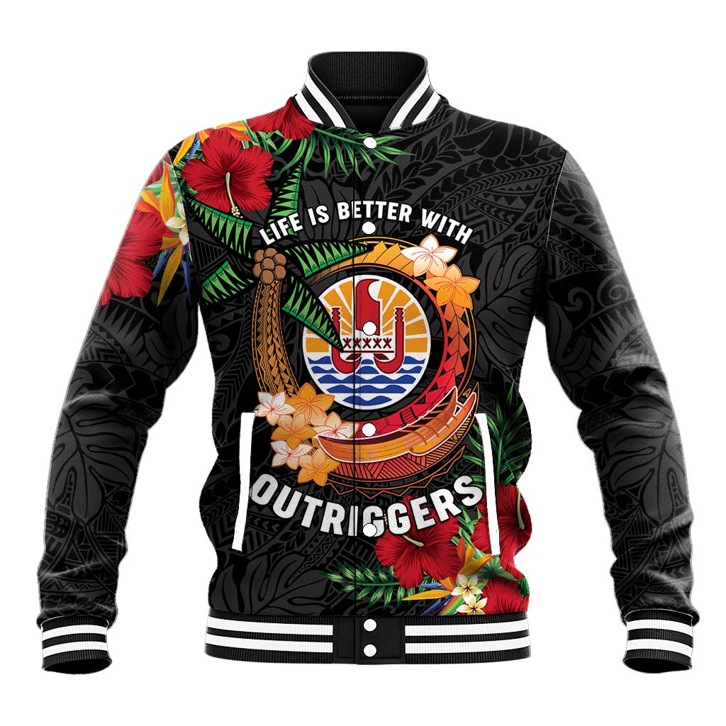 Personalised French Polynesia Outrigger Canoe Race Baseball Jacket Tropical Vibe LT05 Unisex Black - Polynesian Pride