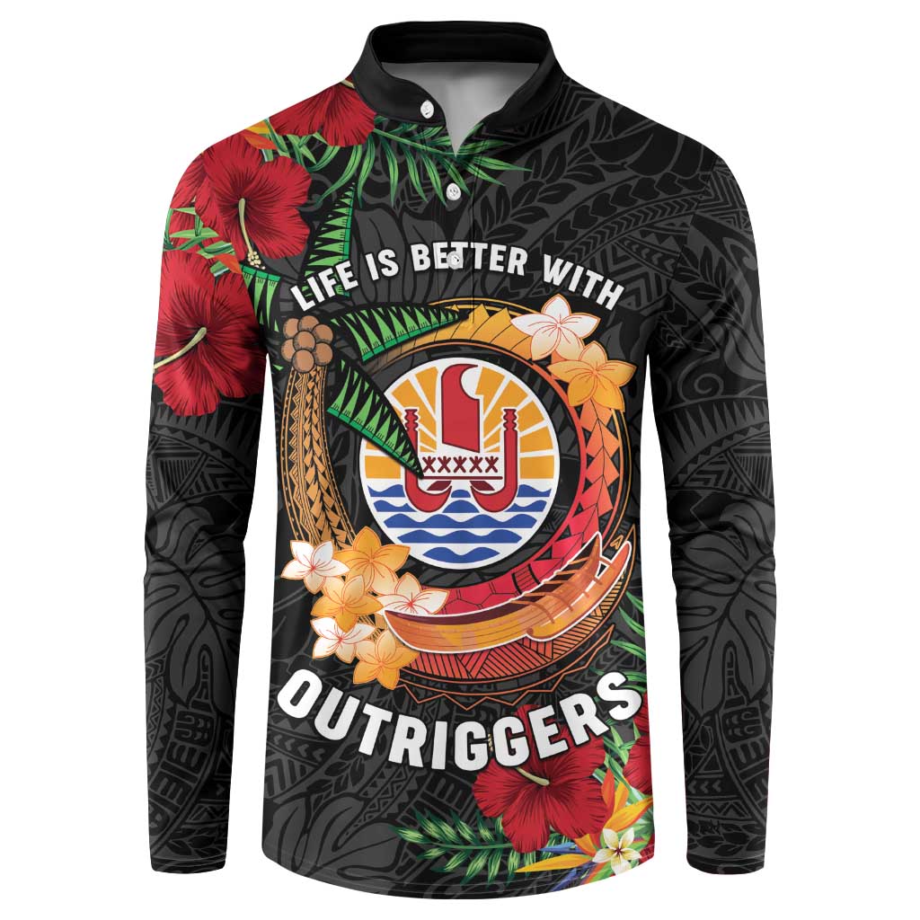 Personalised French Polynesia Outrigger Canoe Race Button Sweatshirt Tropical Vibe LT05 Black - Polynesian Pride