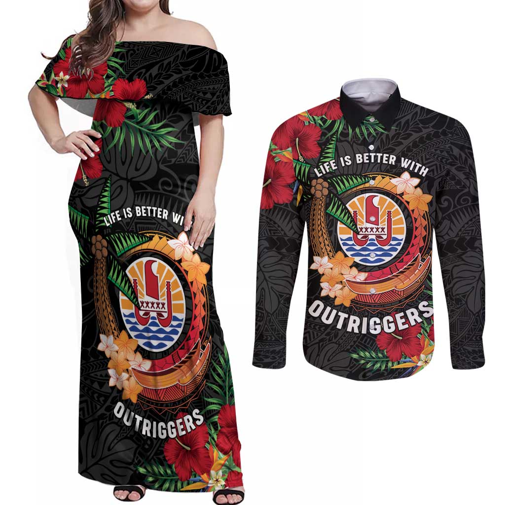 Personalised French Polynesia Outrigger Canoe Race Couples Matching Off Shoulder Maxi Dress and Long Sleeve Button Shirt Tropical Vibe LT05 Black - Polynesian Pride