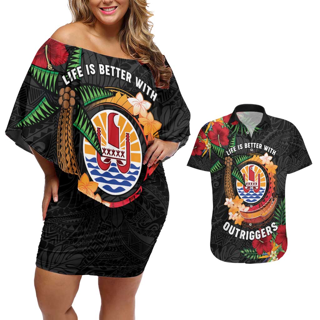 Personalised French Polynesia Outrigger Canoe Race Couples Matching Off Shoulder Short Dress and Hawaiian Shirt Tropical Vibe LT05 Black - Polynesian Pride