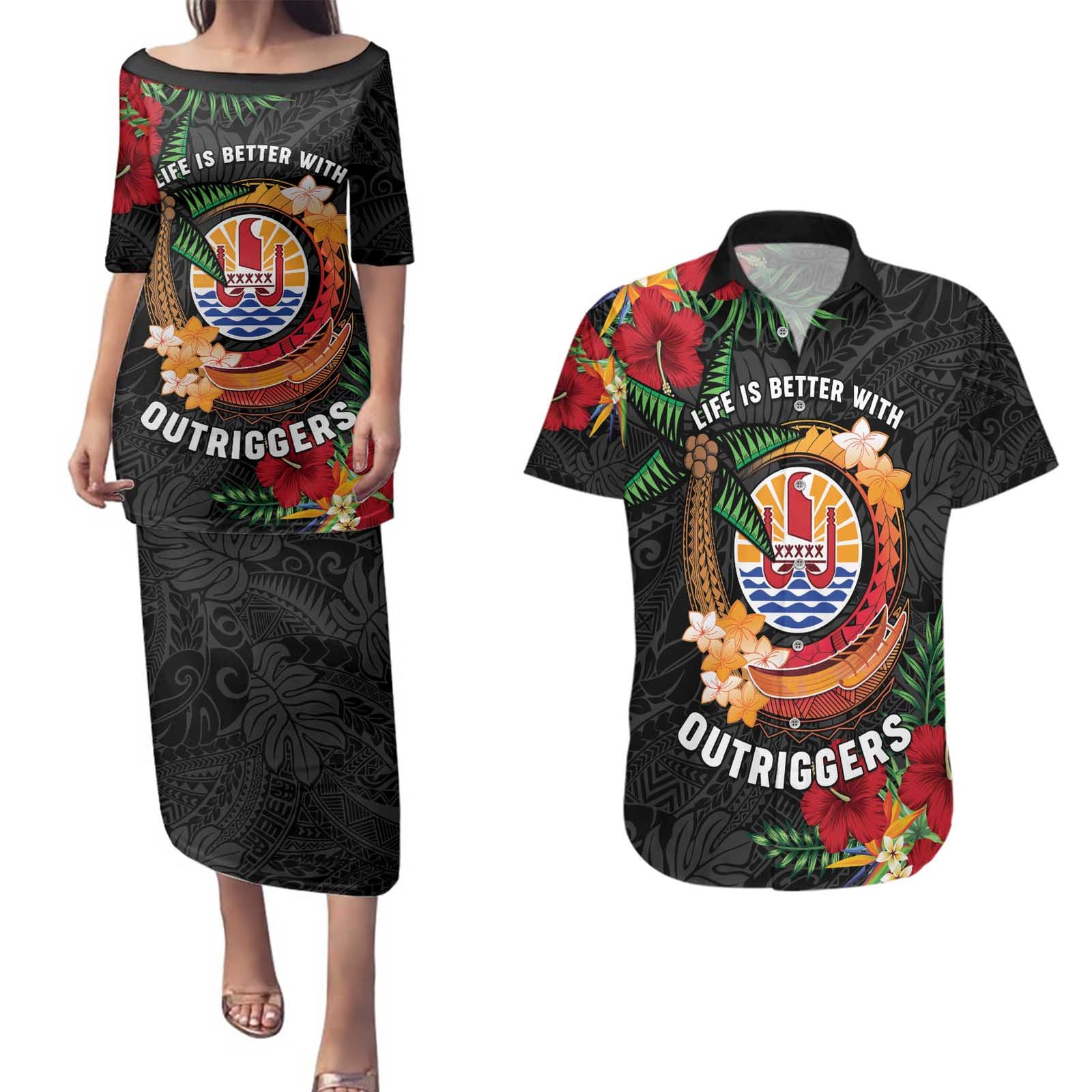 Personalised French Polynesia Outrigger Canoe Race Couples Matching Puletasi and Hawaiian Shirt Tropical Vibe LT05 Black - Polynesian Pride