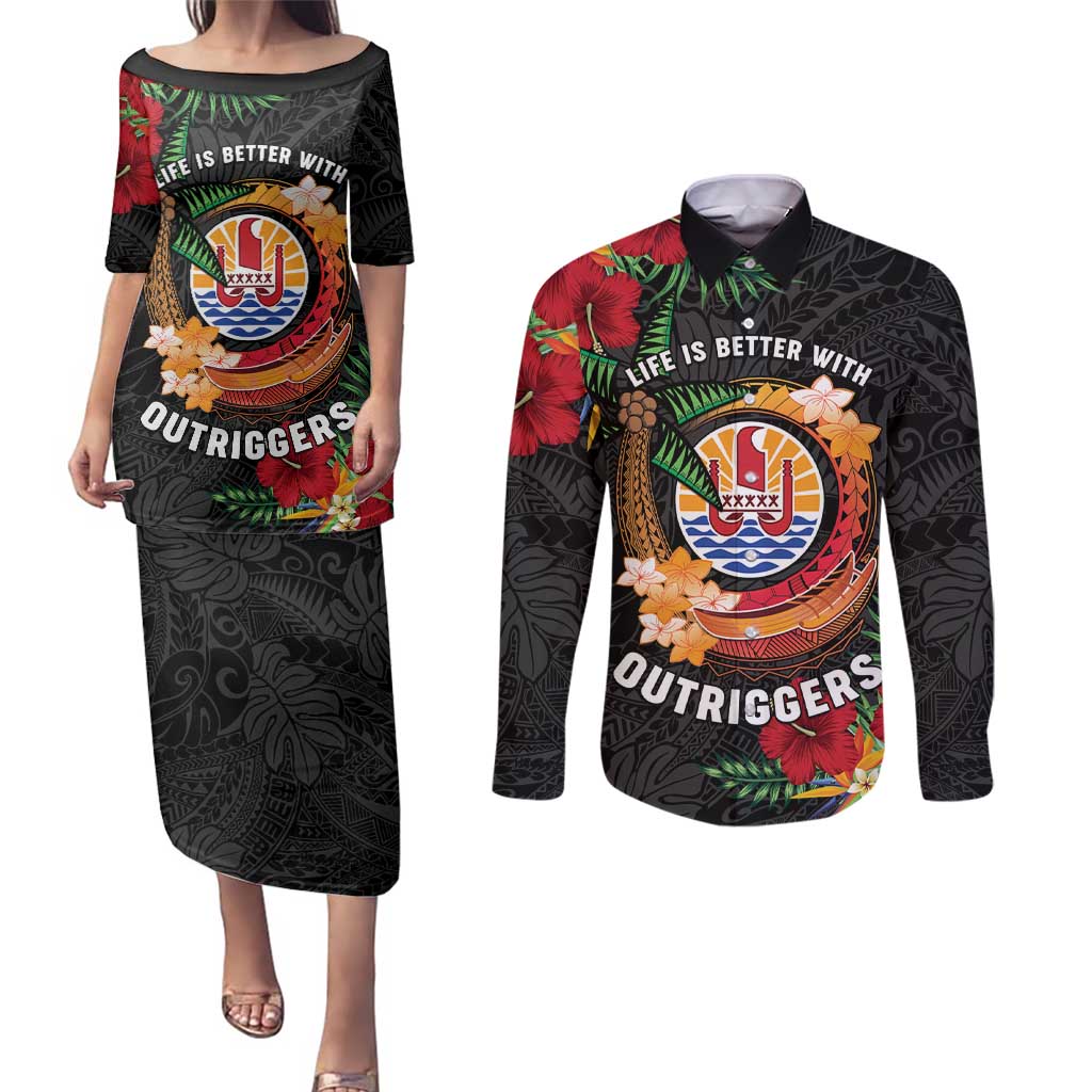 Personalised French Polynesia Outrigger Canoe Race Couples Matching Puletasi and Long Sleeve Button Shirt Tropical Vibe LT05 Black - Polynesian Pride