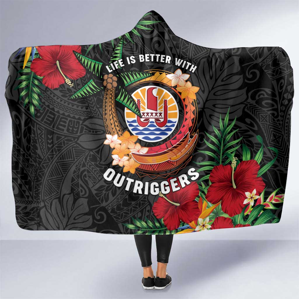 French Polynesia Outrigger Canoe Race Hooded Blanket Tropical Vibe LT05 One Size Black - Polynesian Pride