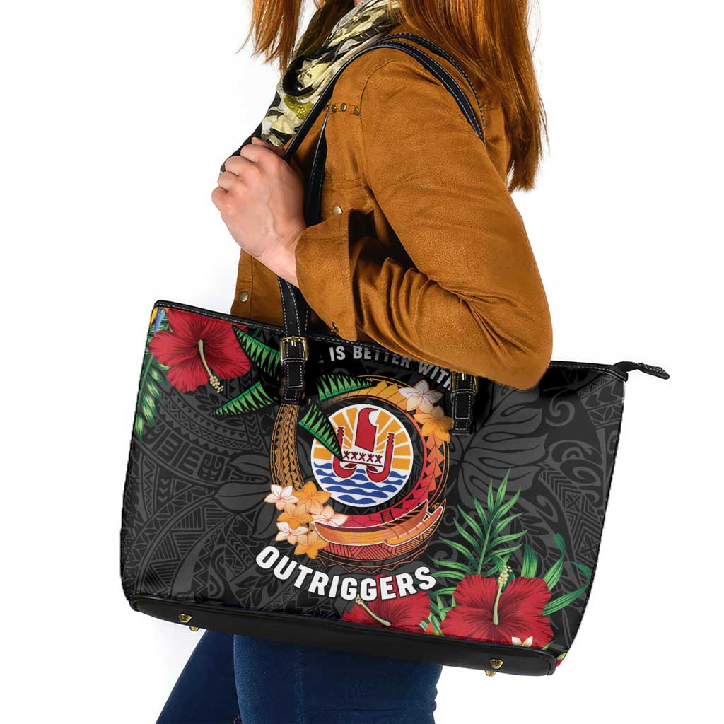 French Polynesia Outrigger Canoe Race Leather Tote Bag Tropical Vibe LT05 Black - Polynesian Pride