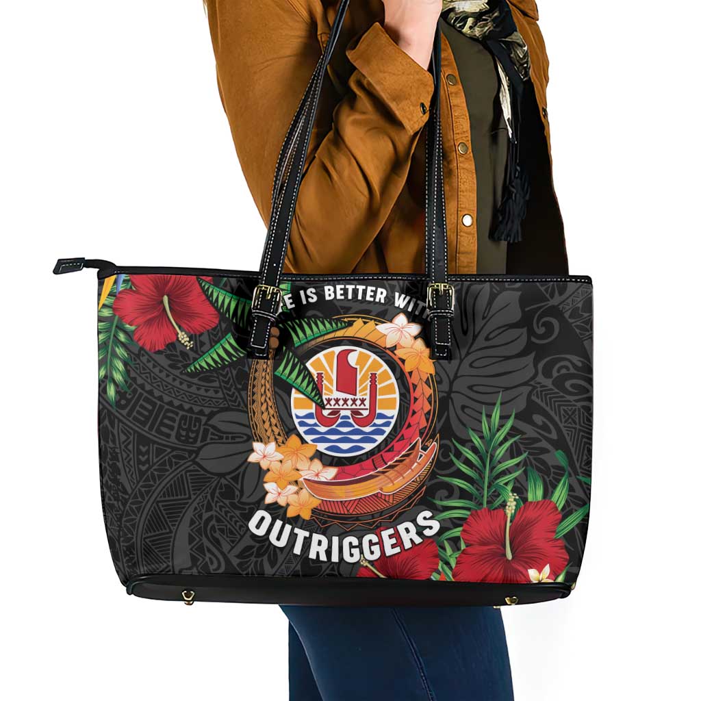 French Polynesia Outrigger Canoe Race Leather Tote Bag Tropical Vibe LT05 - Polynesian Pride