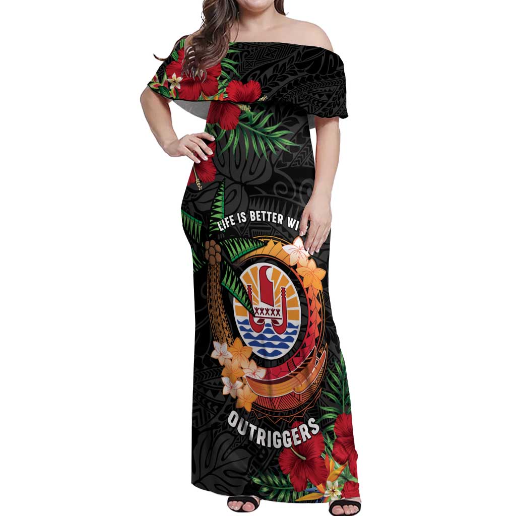 Personalised French Polynesia Outrigger Canoe Race Off Shoulder Maxi Dress Tropical Vibe LT05 Women Black - Polynesian Pride