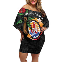 Personalised French Polynesia Outrigger Canoe Race Off Shoulder Short Dress Tropical Vibe LT05 Women Black - Polynesian Pride