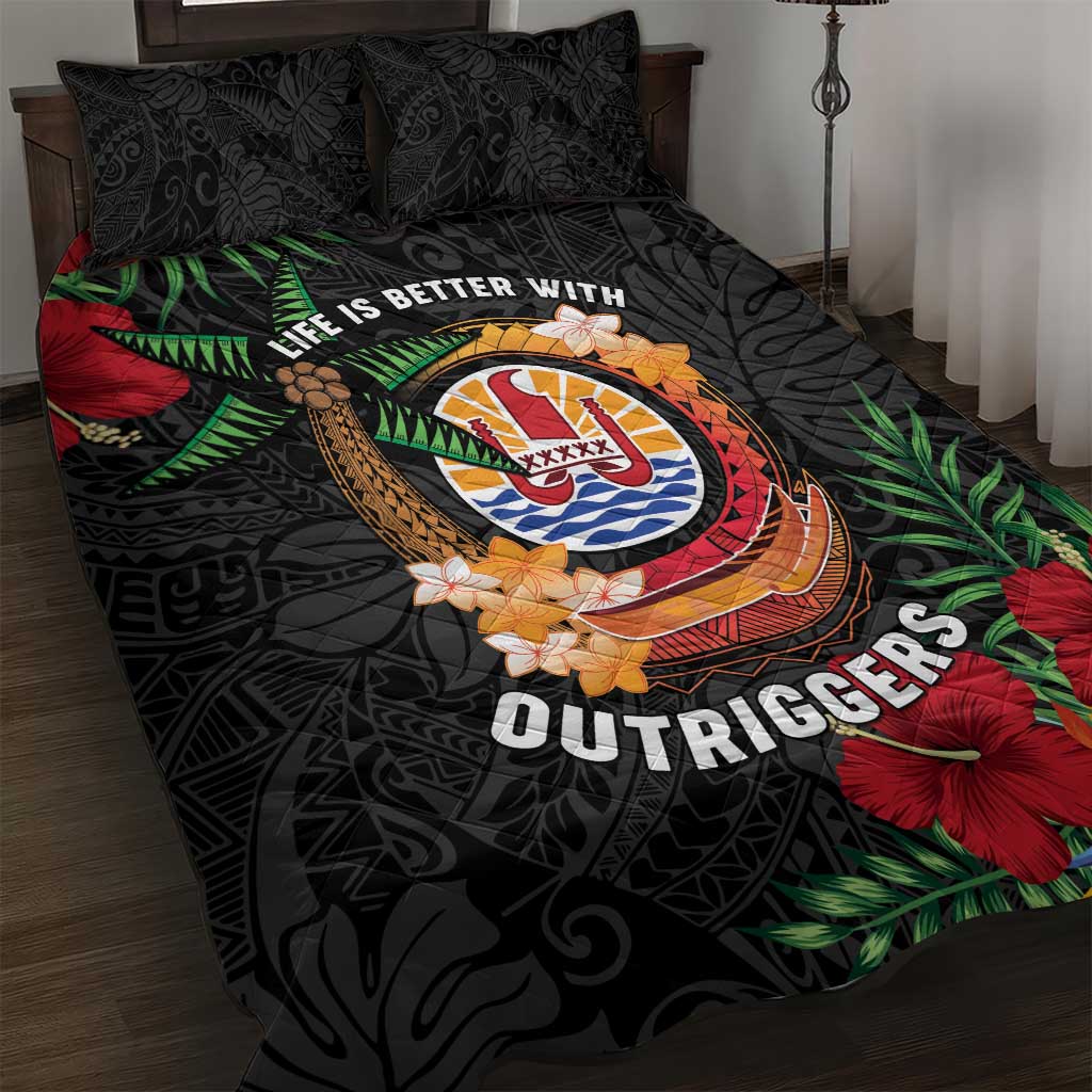 French Polynesia Outrigger Canoe Race Quilt Bed Set Tropical Vibe LT05 Black - Polynesian Pride