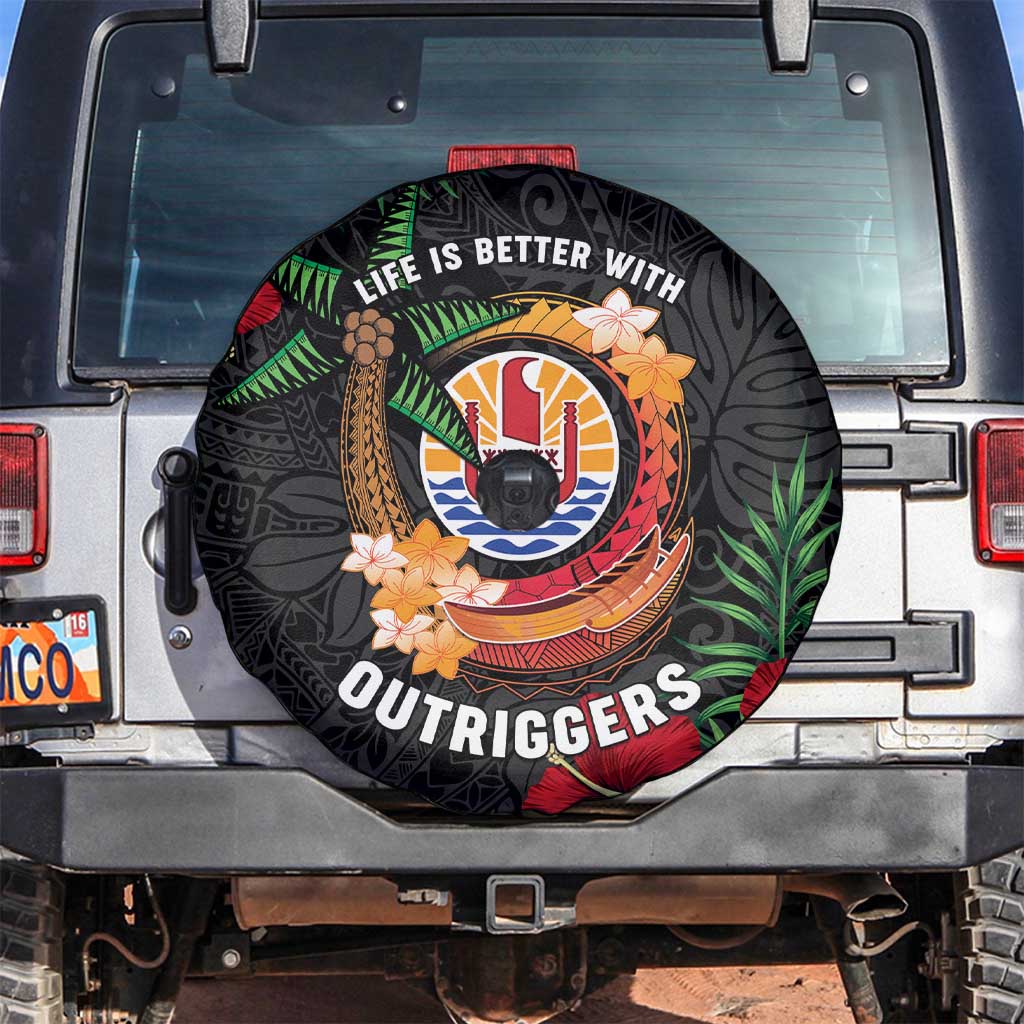 French Polynesia Outrigger Canoe Race Spare Tire Cover Tropical Vibe LT05 Black - Polynesian Pride