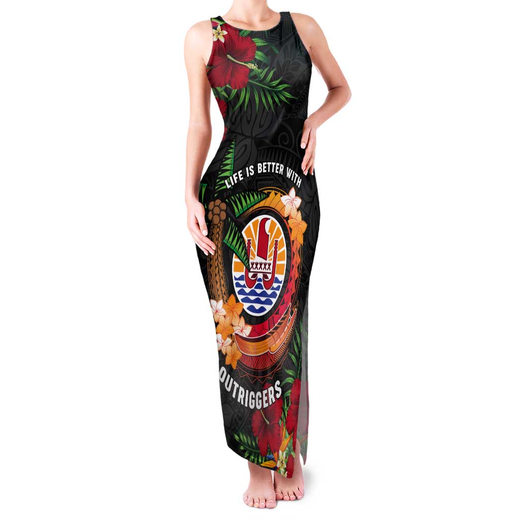 Personalised French Polynesia Outrigger Canoe Race Tank Maxi Dress Tropical Vibe LT05 Women Black - Polynesian Pride