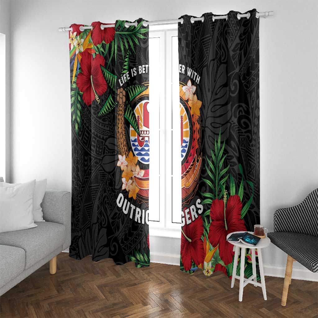 French Polynesia Outrigger Canoe Race Window Curtain Tropical Vibe LT05 With Grommets Black - Polynesian Pride