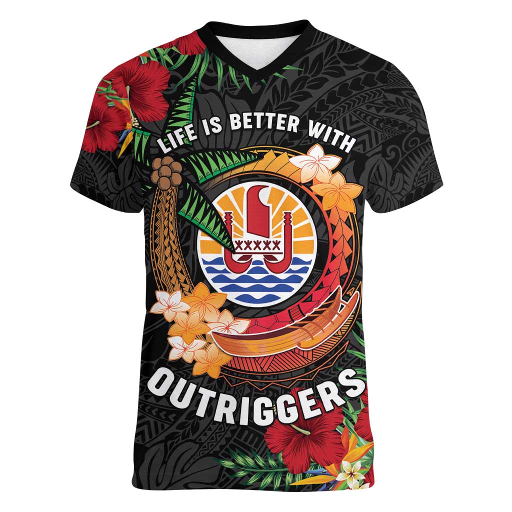 Personalised French Polynesia Outrigger Canoe Race Women V-Neck T-Shirt Tropical Vibe LT05 Female Black - Polynesian Pride