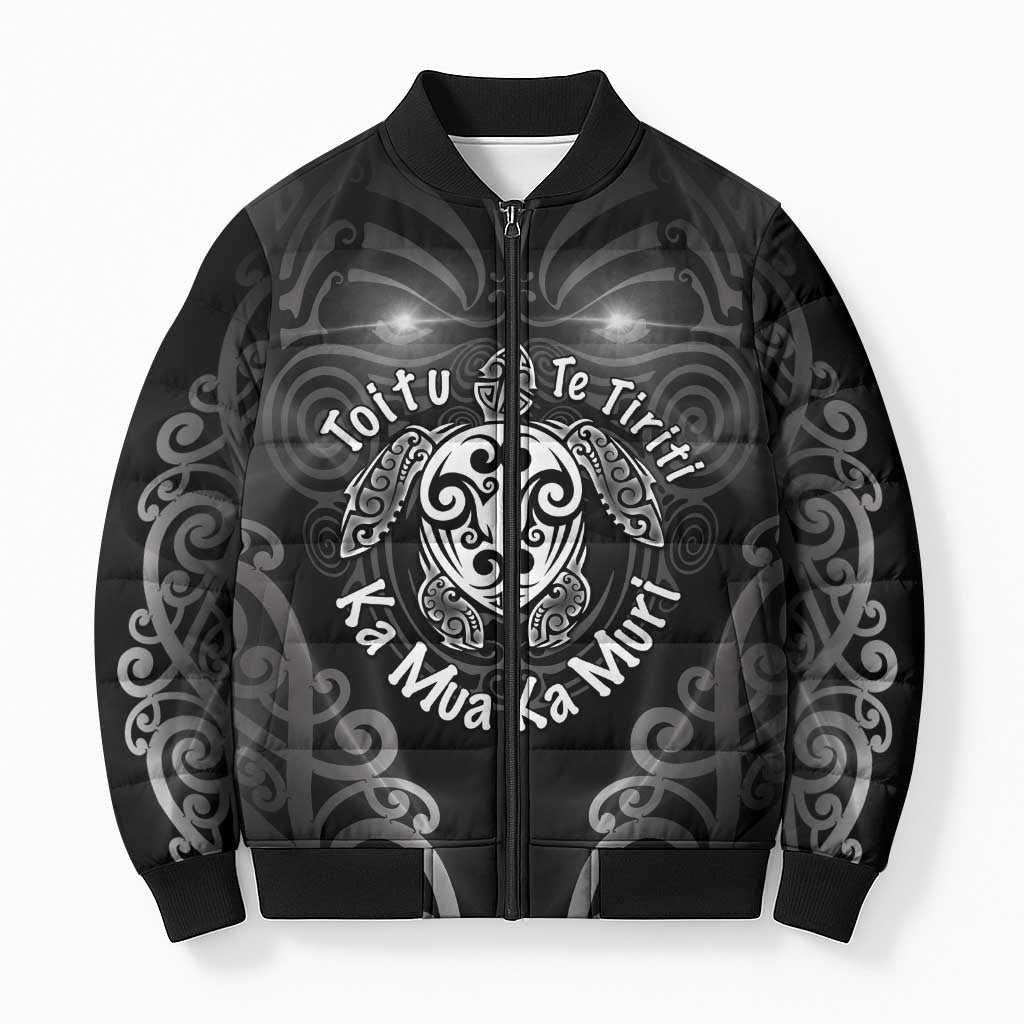 Aotearoa Toitu Te Tiriti Bomber Puffer Jacket Ka Mua Ka Muri LT05 Unisex Black - Polynesian Pride