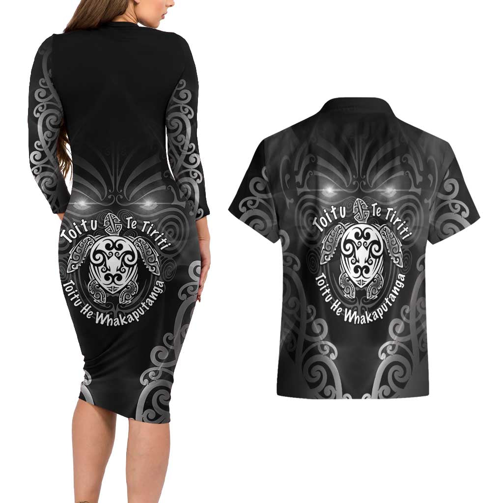 Aotearoa Toitu Te Tiriti Couples Matching Long Sleeve Bodycon Dress and Hawaiian Shirt Ka Mua Ka Muri