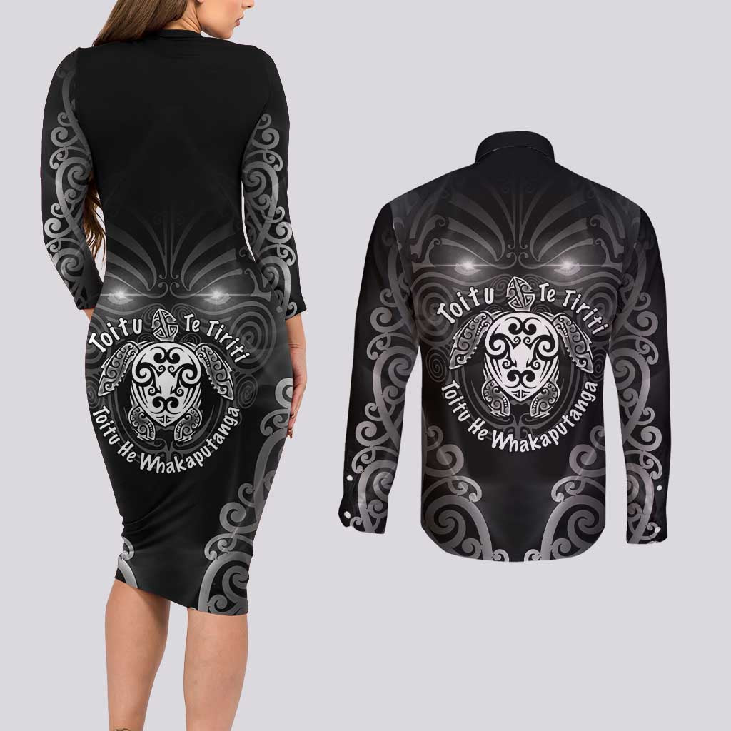 Aotearoa Toitu Te Tiriti Couples Matching Long Sleeve Bodycon Dress and Long Sleeve Button Shirt Ka Mua Ka Muri