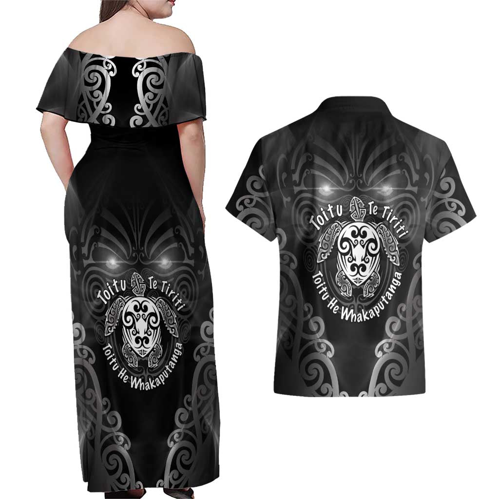 Aotearoa Toitu Te Tiriti Couples Matching Off Shoulder Maxi Dress and Hawaiian Shirt Ka Mua Ka Muri