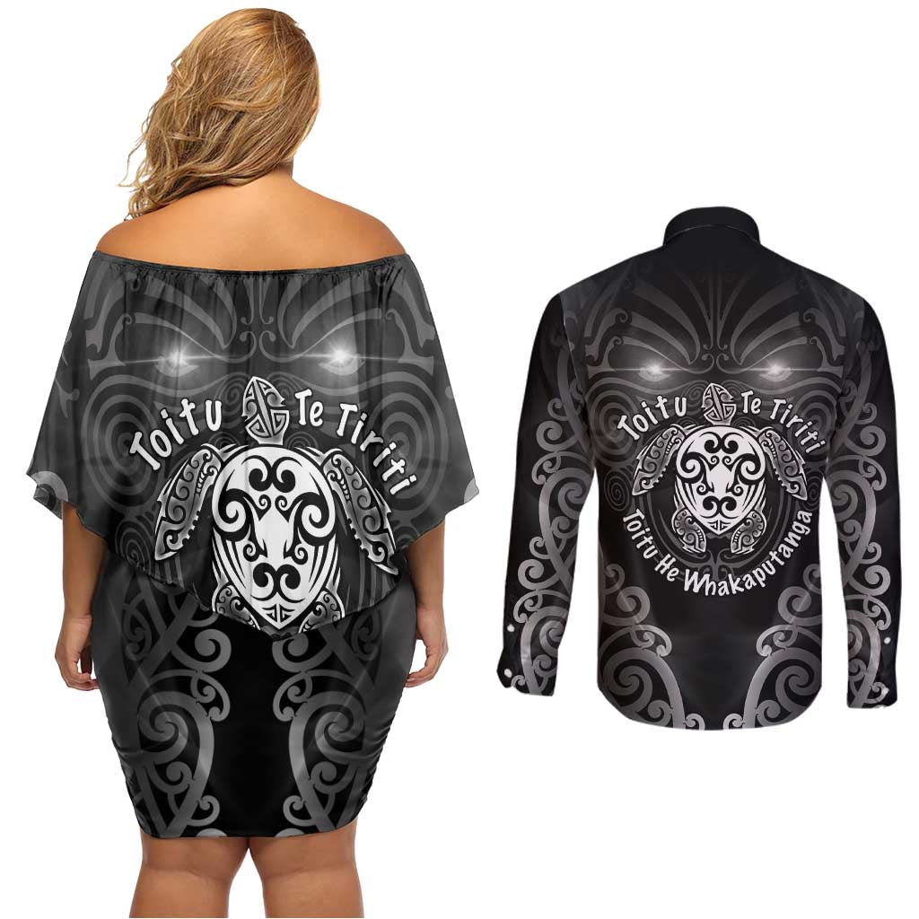 Aotearoa Toitu Te Tiriti Couples Matching Off Shoulder Short Dress and Long Sleeve Button Shirt Ka Mua Ka Muri