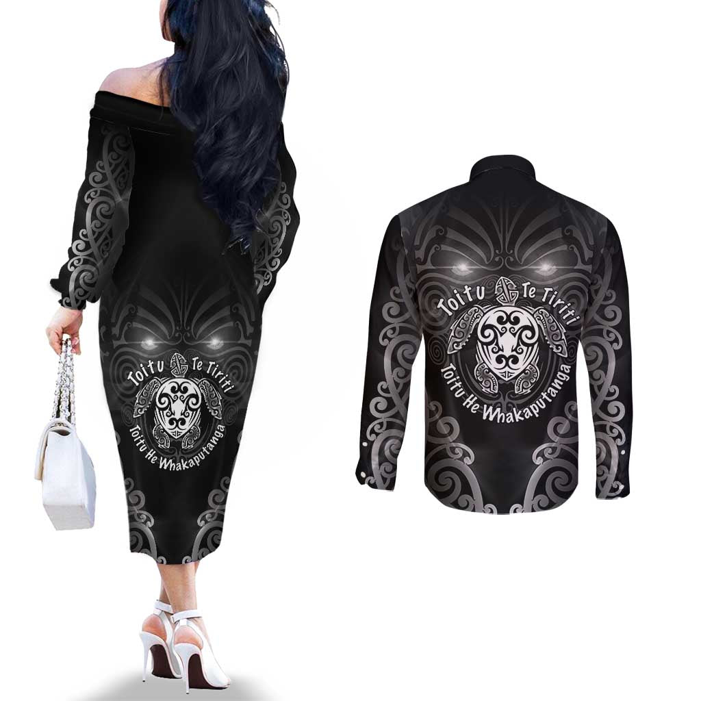 Aotearoa Toitu Te Tiriti Couples Matching Off The Shoulder Long Sleeve Dress and Long Sleeve Button Shirt Ka Mua Ka Muri