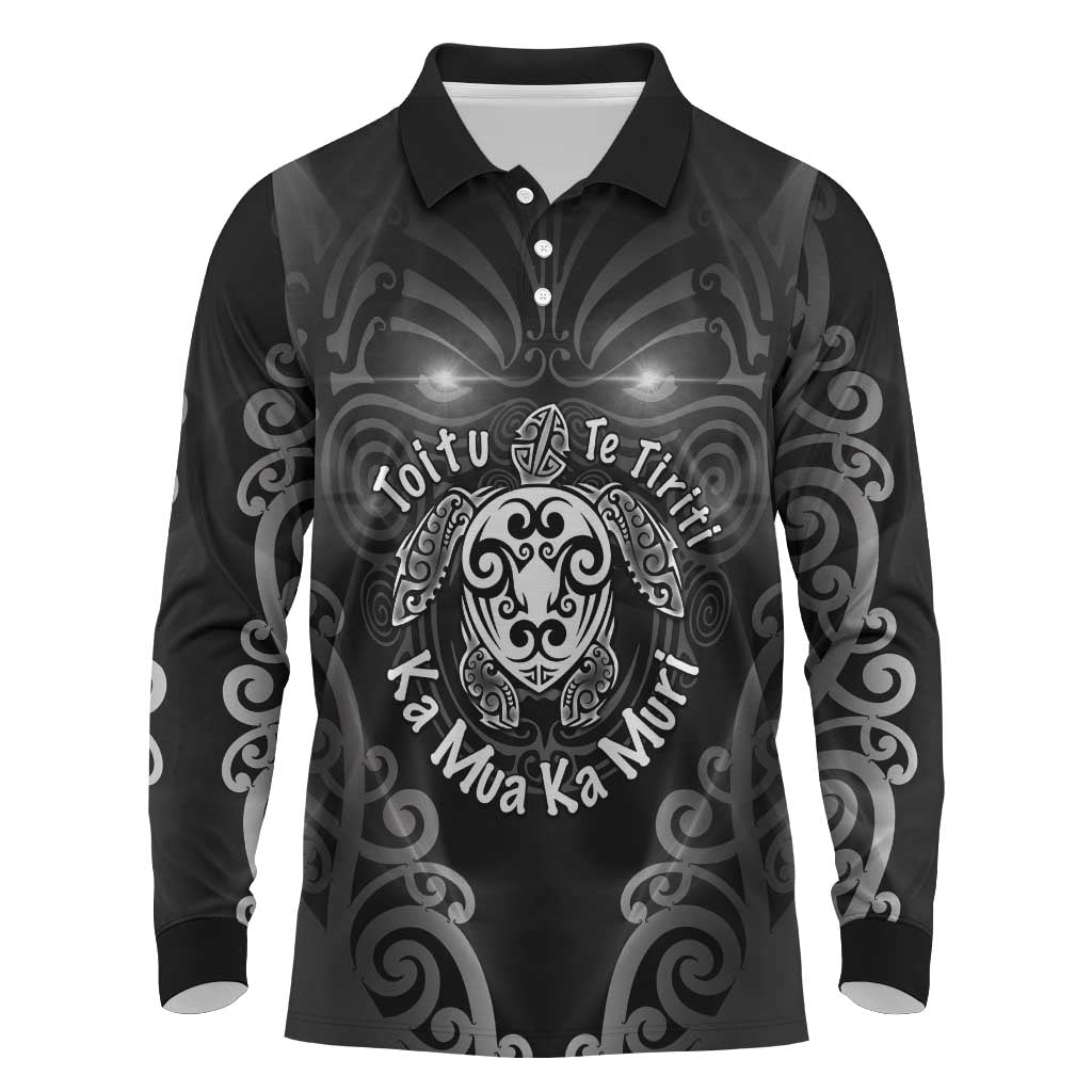 Aotearoa Toitu Te Tiriti Long Sleeve Polo Shirt Ka Mua Ka Muri LT05 Black - Polynesian Pride