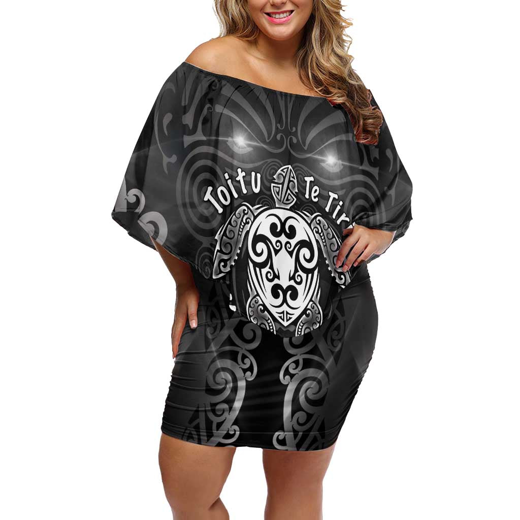 Aotearoa Toitu Te Tiriti Off Shoulder Short Dress Ka Mua Ka Muri LT05 Women Black - Polynesian Pride