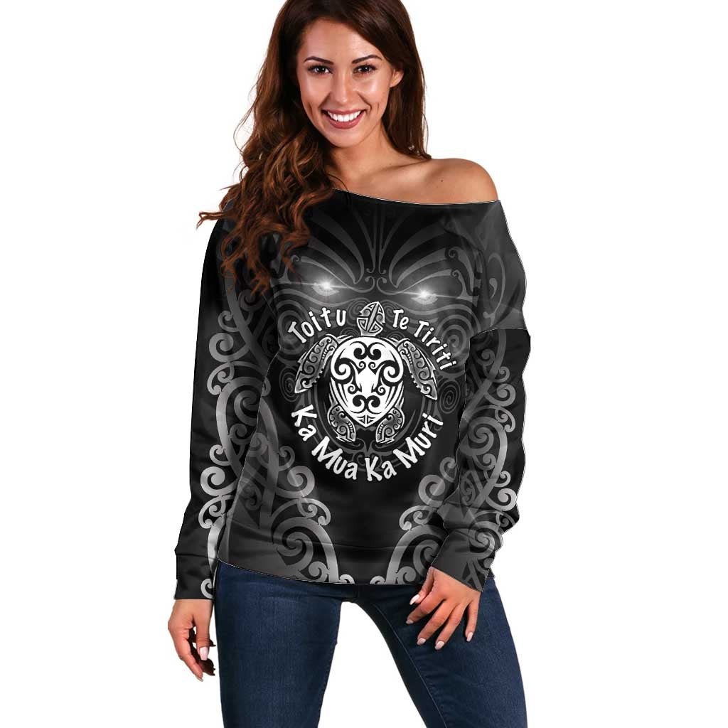 Aotearoa Toitu Te Tiriti Off Shoulder Sweater Ka Mua Ka Muri LT05 Women Black - Polynesian Pride