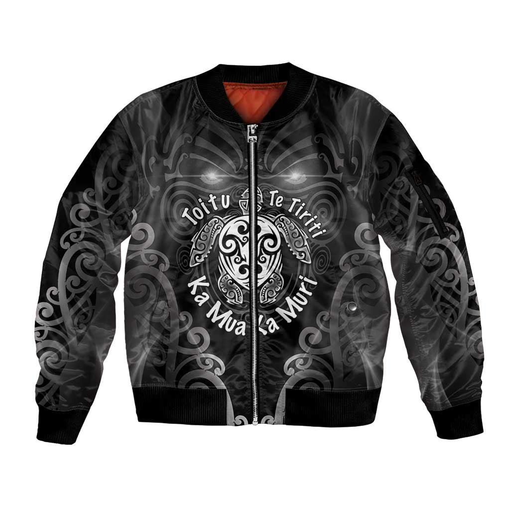 Aotearoa Toitu Te Tiriti Sleeve Zip Bomber Jacket Ka Mua Ka Muri LT05 Unisex Black - Polynesian Pride