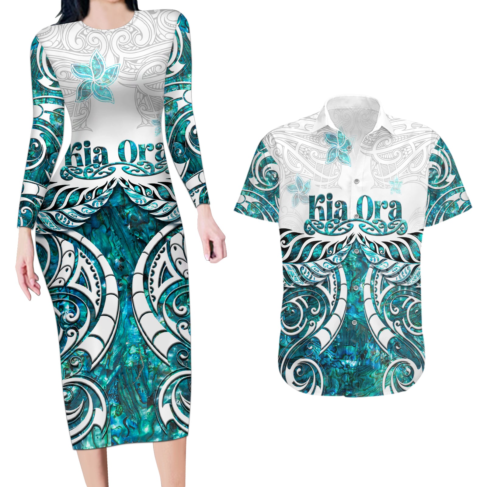 New Zealand Aotearoa Kia Ora Couples Matching Long Sleeve Bodycon Dress and Hawaiian Shirt Paua Shell Maori Silver Fern LT05 Turquoise - Polynesian Pride