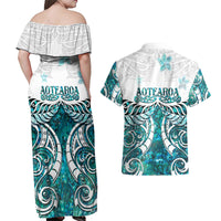 New Zealand Aotearoa Kia Ora Couples Matching Off Shoulder Maxi Dress and Hawaiian Shirt Paua Shell Maori Silver Fern LT05 - Polynesian Pride
