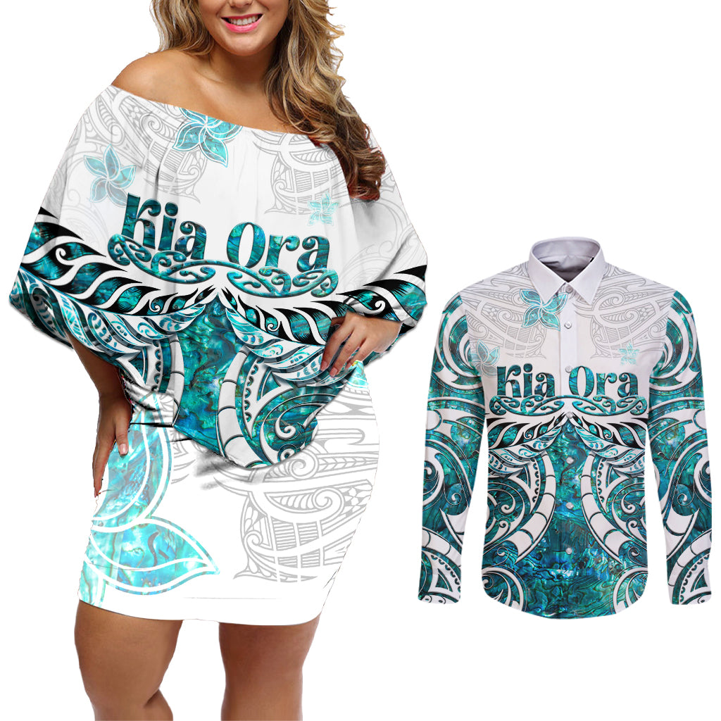 New Zealand Aotearoa Kia Ora Couples Matching Off Shoulder Short Dress and Long Sleeve Button Shirt Paua Shell Maori Silver Fern LT05 Turquoise - Polynesian Pride