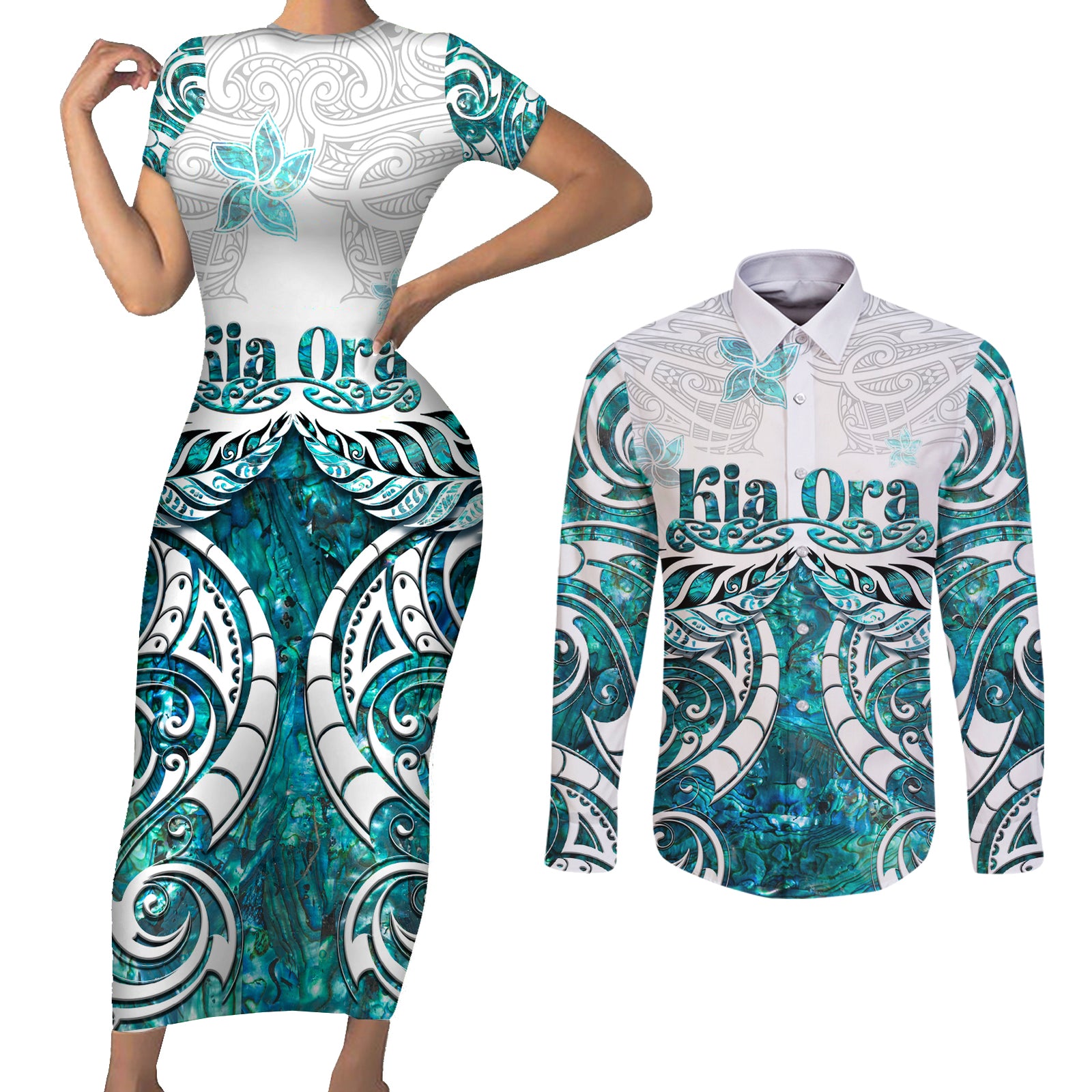 New Zealand Aotearoa Kia Ora Couples Matching Short Sleeve Bodycon Dress and Long Sleeve Button Shirt Paua Shell Maori Silver Fern LT05 Turquoise - Polynesian Pride