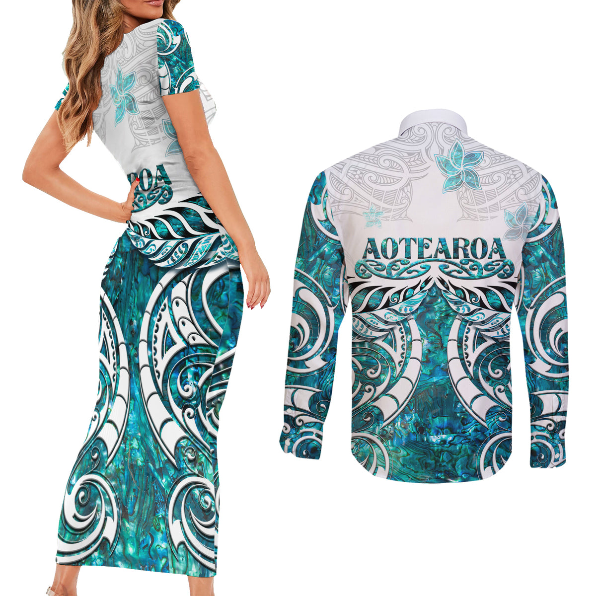 New Zealand Aotearoa Kia Ora Couples Matching Short Sleeve Bodycon Dress and Long Sleeve Button Shirt Paua Shell Maori Silver Fern LT05 - Polynesian Pride