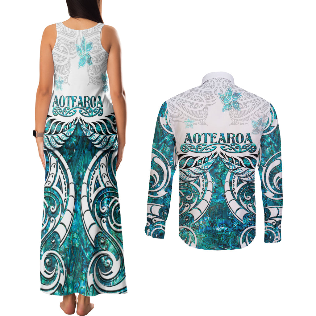 New Zealand Aotearoa Kia Ora Couples Matching Tank Maxi Dress and Long Sleeve Button Shirt Paua Shell Maori Silver Fern LT05 - Polynesian Pride