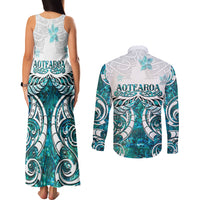 New Zealand Aotearoa Kia Ora Couples Matching Tank Maxi Dress and Long Sleeve Button Shirt Paua Shell Maori Silver Fern LT05 - Polynesian Pride