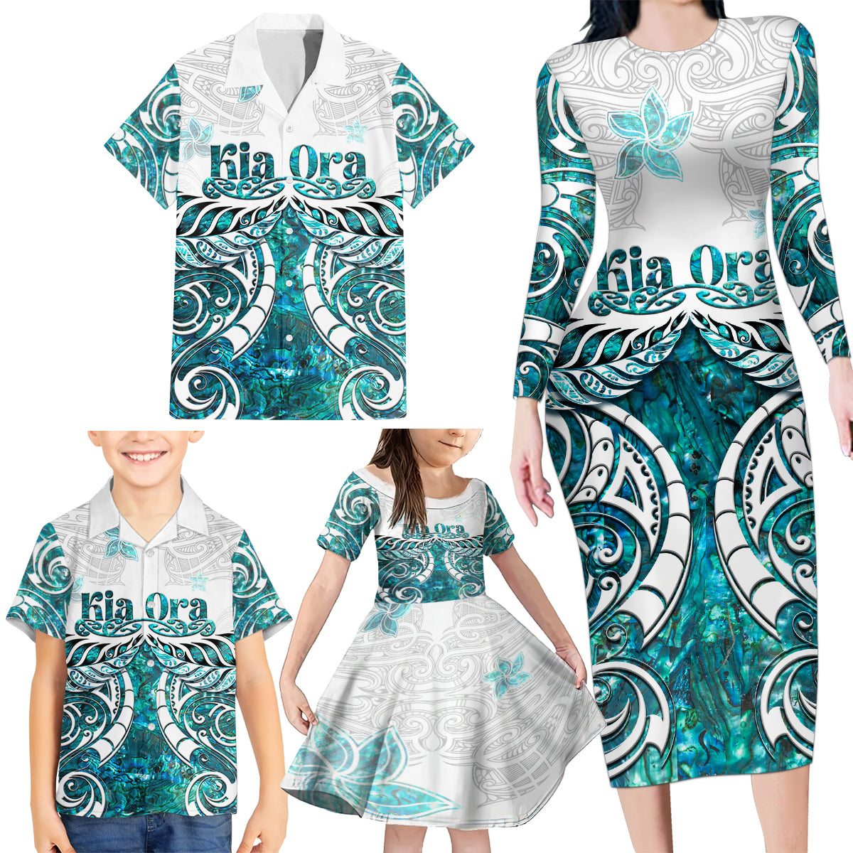 New Zealand Aotearoa Kia Ora Family Matching Long Sleeve Bodycon Dress and Hawaiian Shirt Paua Shell Maori Silver Fern LT05 - Polynesian Pride