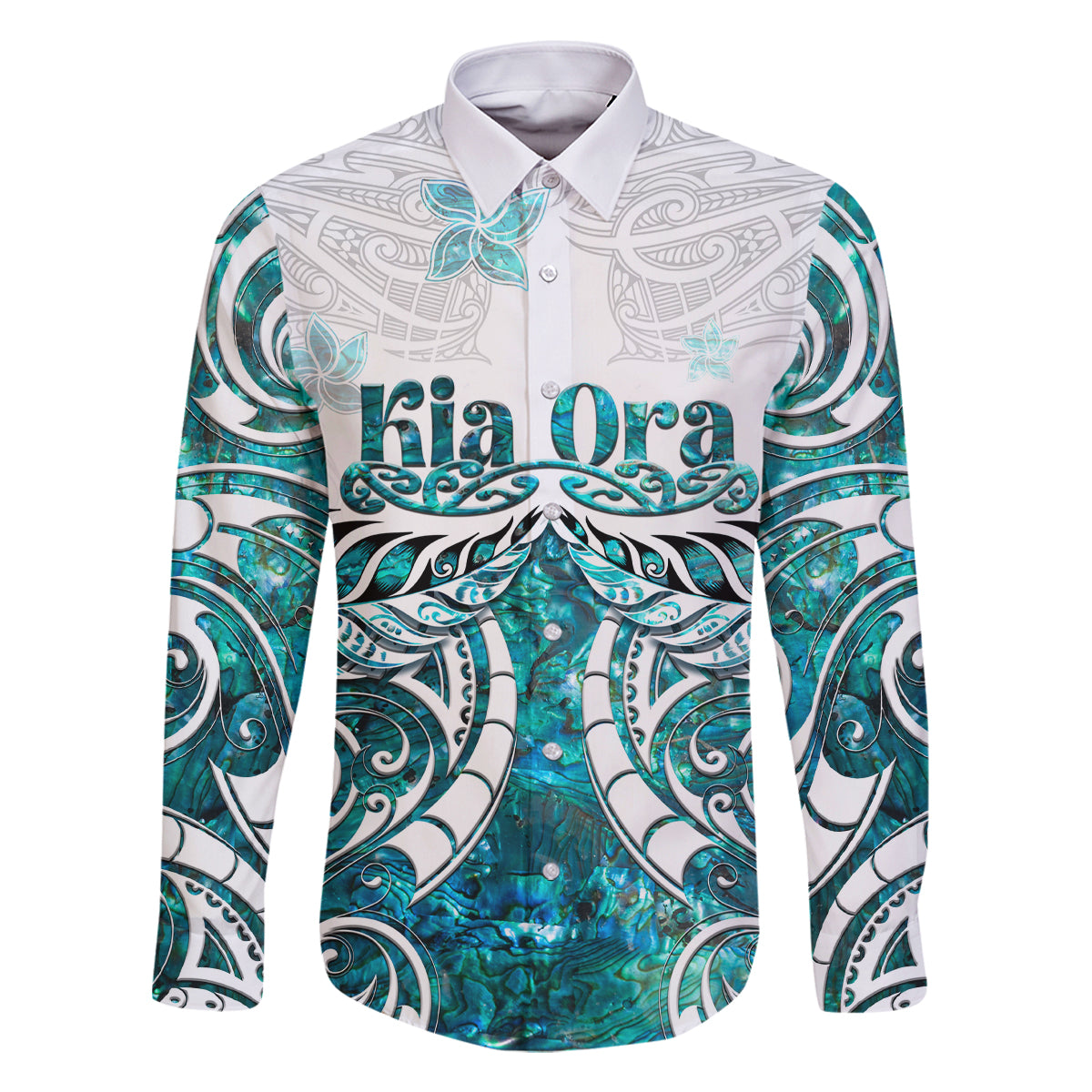 New Zealand Aotearoa Kia Ora Family Matching Mermaid Dress and Hawaiian Shirt Paua Shell Maori Silver Fern LT05 Dad's Shirt - Long Sleeve Turquoise - Polynesian Pride