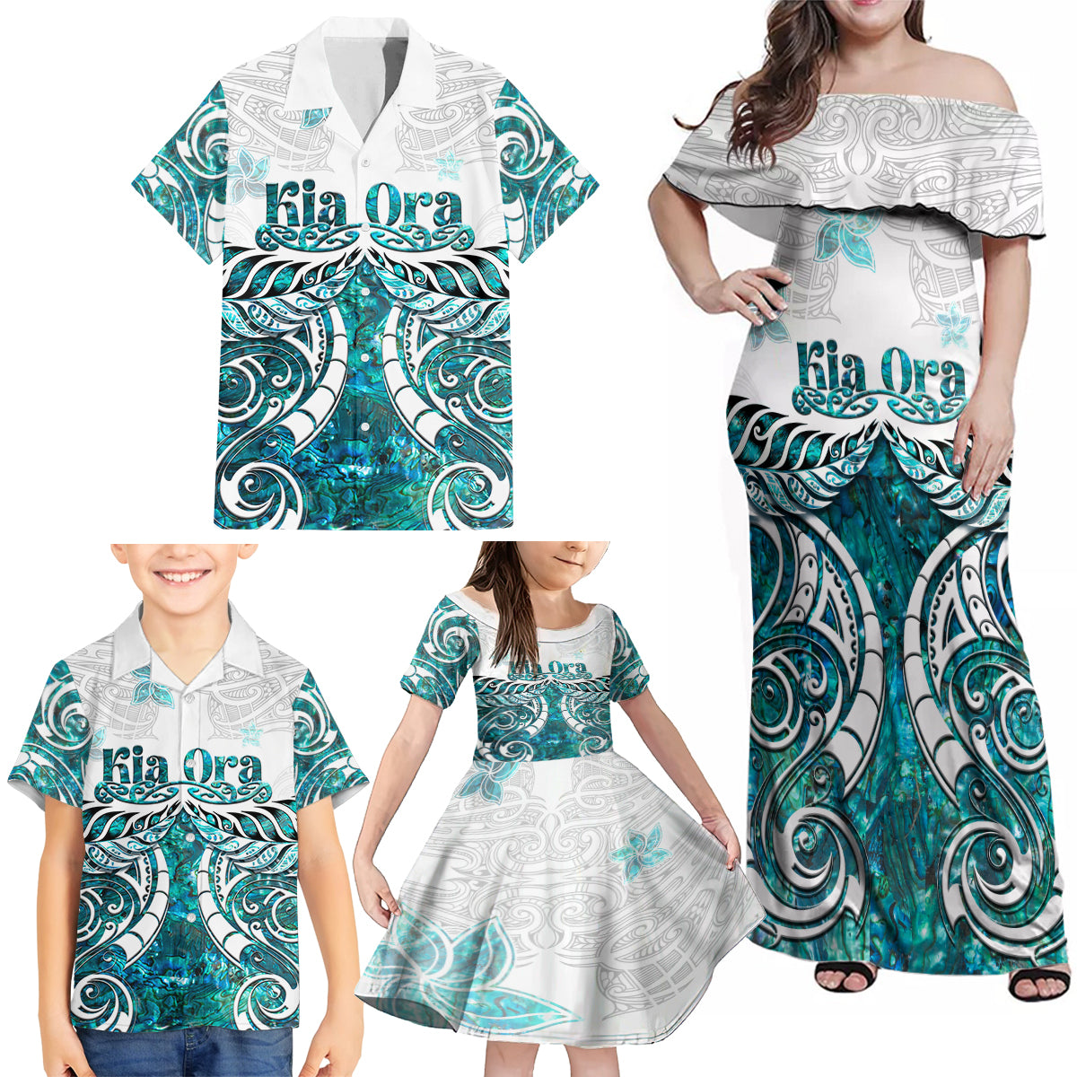 New Zealand Aotearoa Kia Ora Family Matching Off Shoulder Maxi Dress and Hawaiian Shirt Paua Shell Maori Silver Fern LT05 - Polynesian Pride